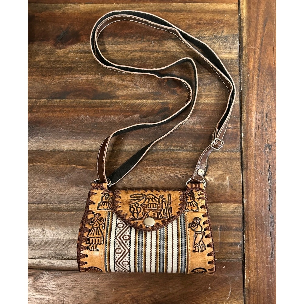 Peruvian Hand Tooled Leather & Woven Textile Folk Art Shoulder Bag 26" Strap